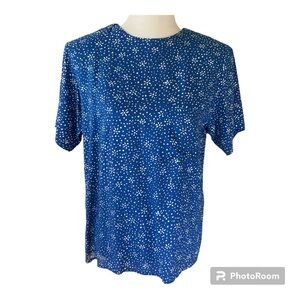 Vintage Oscar De La Renta Short Sleeve Top Blue White Print Size M